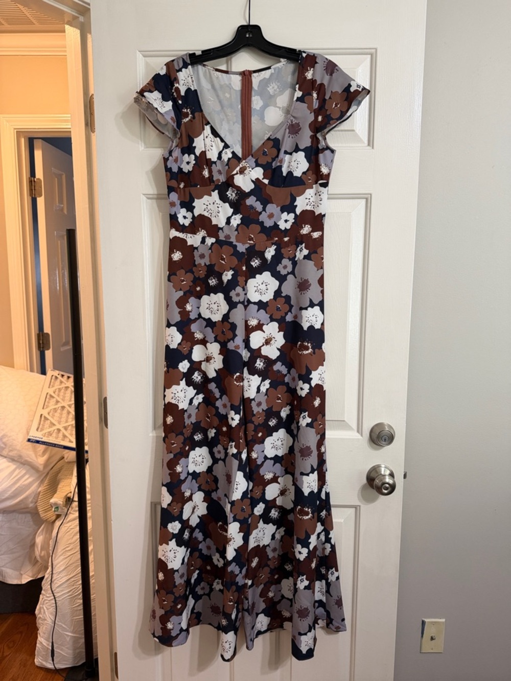 Floral V-Neck Jumpsuit in Brown and Navy